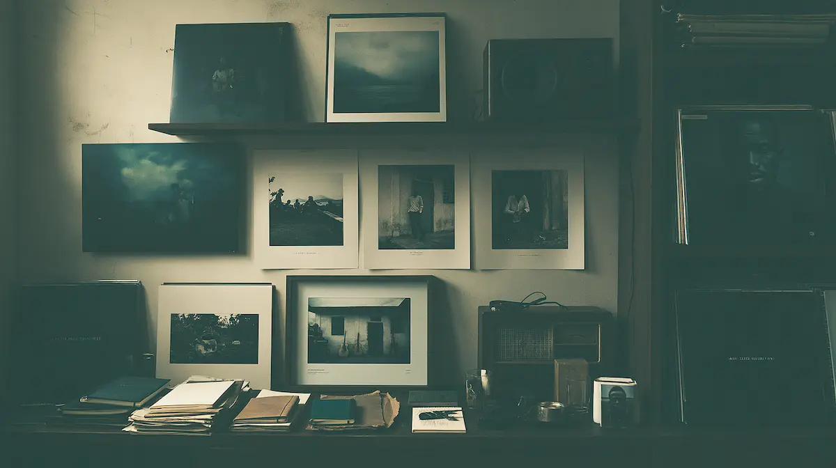 A shelf of records and archival music notes